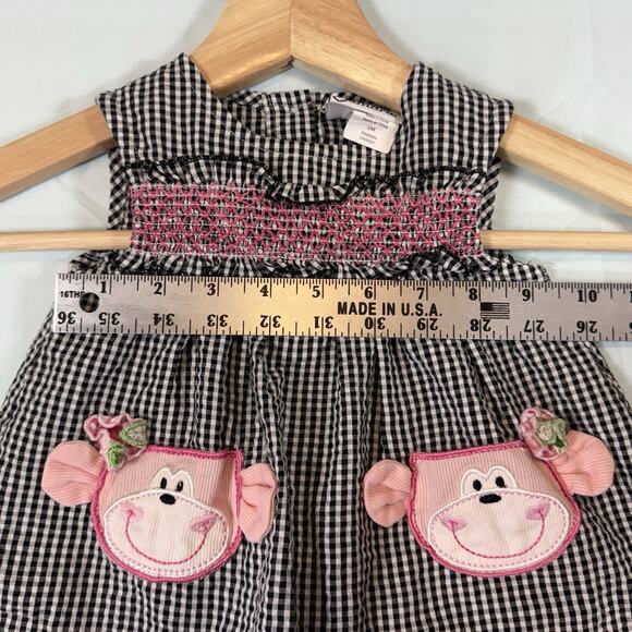 Samara VTG Baby Girl 3 Months Monkey Seersucker Smocked Sun Dress Pink Black 2PC - Picture 7 of 9
